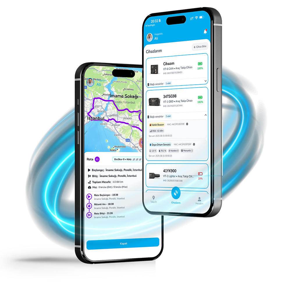 V-Tracker mobil uygulaması tanıtım ekranı, araç ve varlık takibi