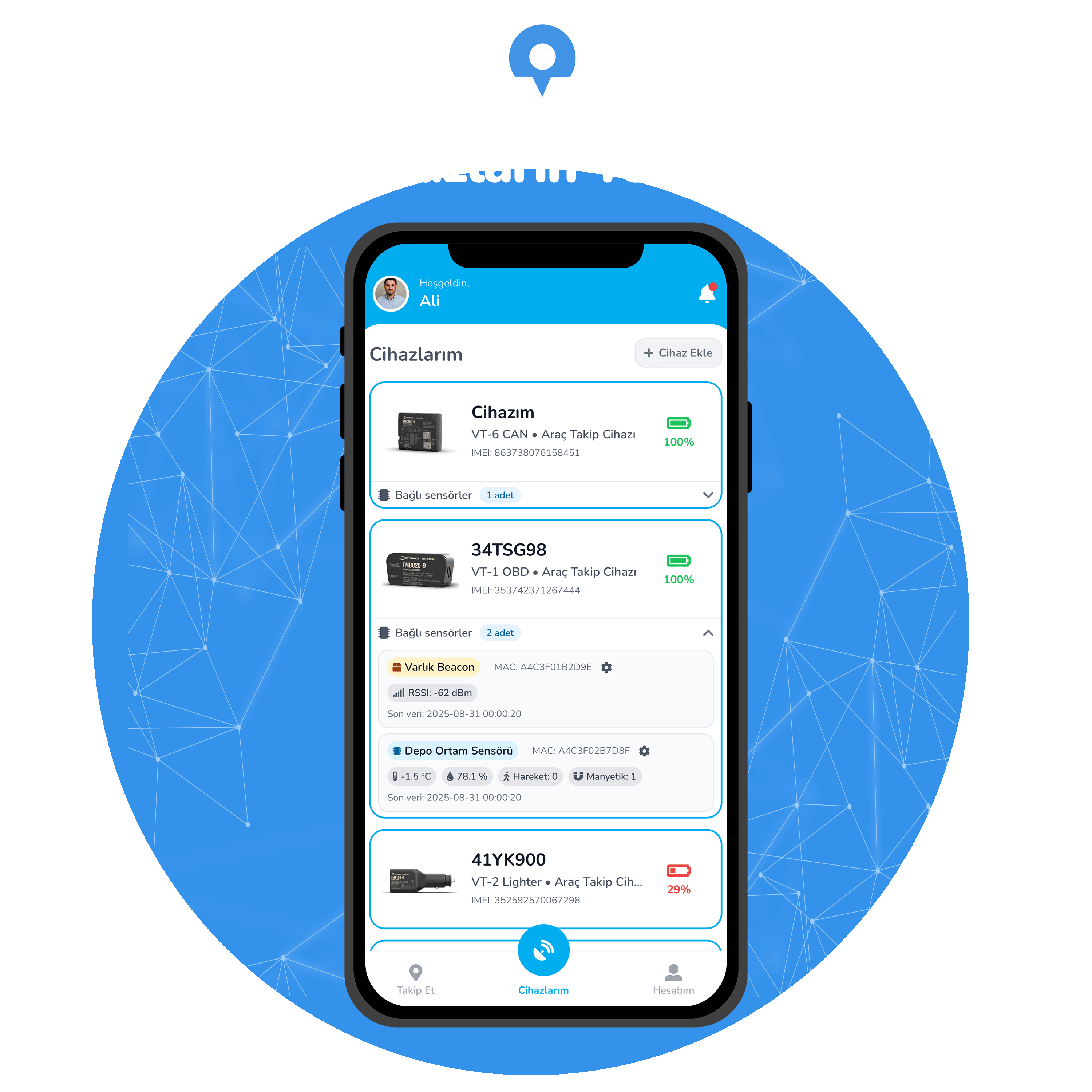 Cihazlarım ekranı, bağlı cihazlar ve batarya durumları