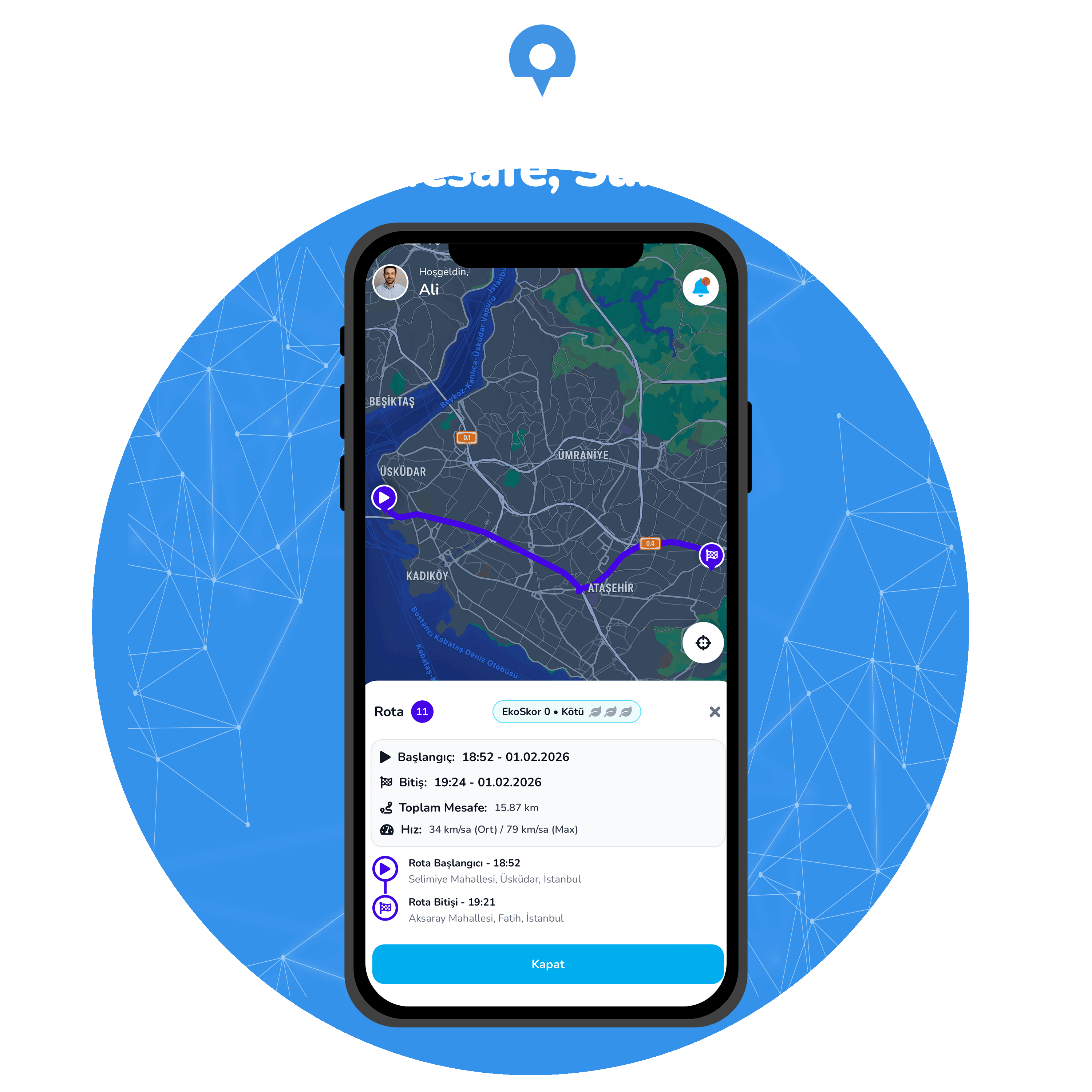 Rota detay ekranı, mesafe, süre ve hız analizi