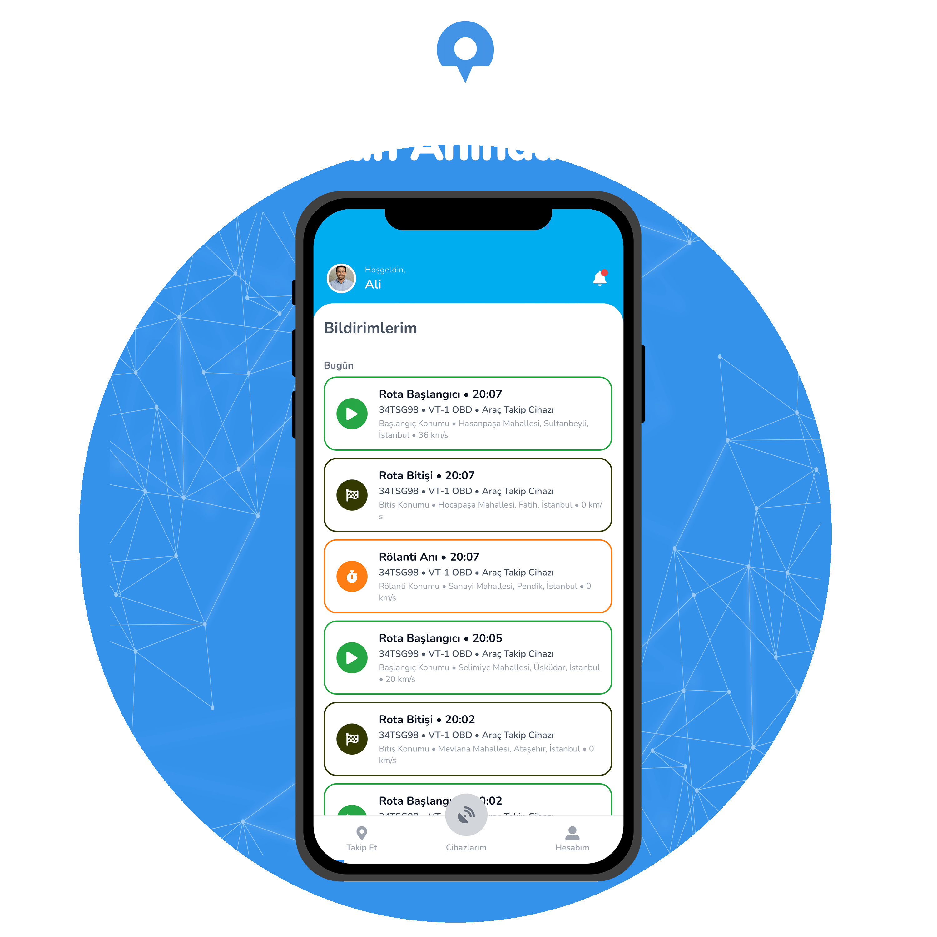 Bildirimler ekranı, rota başlangıcı, bitişi ve sensör uyarıları